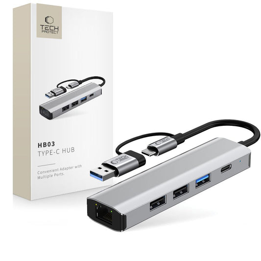 Tech-Protect HUB 5in1 USB-C USB-A Ethernet RJ45 adapter - gray
