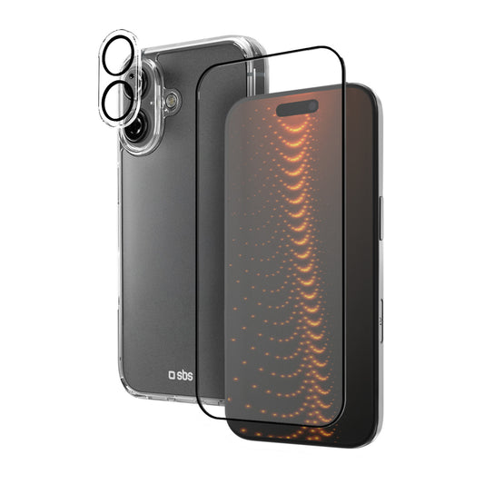 SBS 3in1 protective set for iPhone 16, case with protective glass for screen and camera D3O - transparent