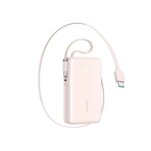 JOYROOM Powerbank 10000mAh 35W with retractable USB-C cable and USB-C lanyard cable - pink