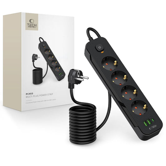 Tech-Protect Power strip extension cord 4 sockets 240V USB-A USB-C 2m - black
