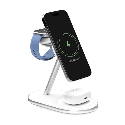 PURO 3-in-1 wireless charger for smartwatch, Qi2 MagSafe headphones - white
