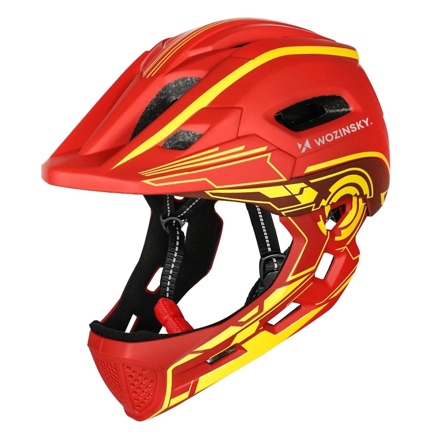 WOZINSKY Children's full-face bicycle helmet with USB rear light, 52-56 cm - red and yellow