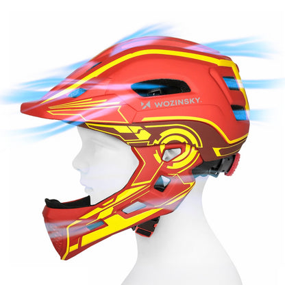 WOZINSKY Children's full-face bicycle helmet with USB rear light, 52-56 cm - red and yellow – image 4