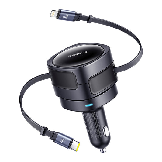 BASEUS iPhone Lightning 60W car charger with retractable USB-C cables - black