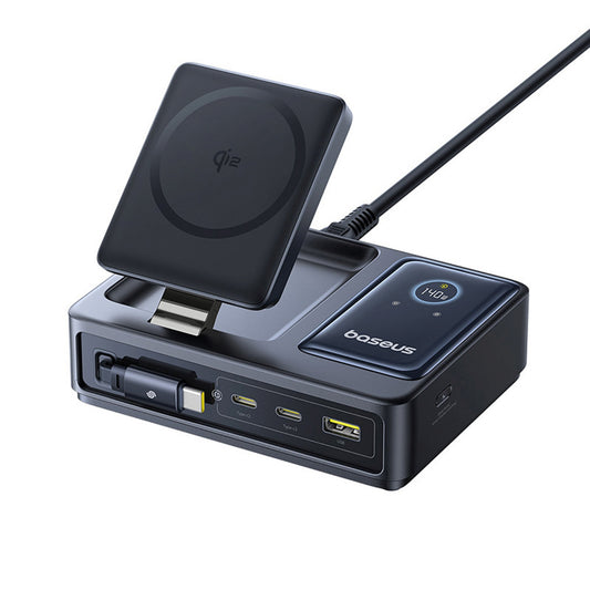 BASEUS 5in1 USB-A UAB-C charging station with 140W Qi2 retractable cable display - black