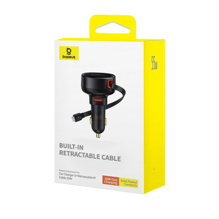 BASEUS Car charger with retractable cable for iPhone Lightning USB-C 60W, black – image 18
