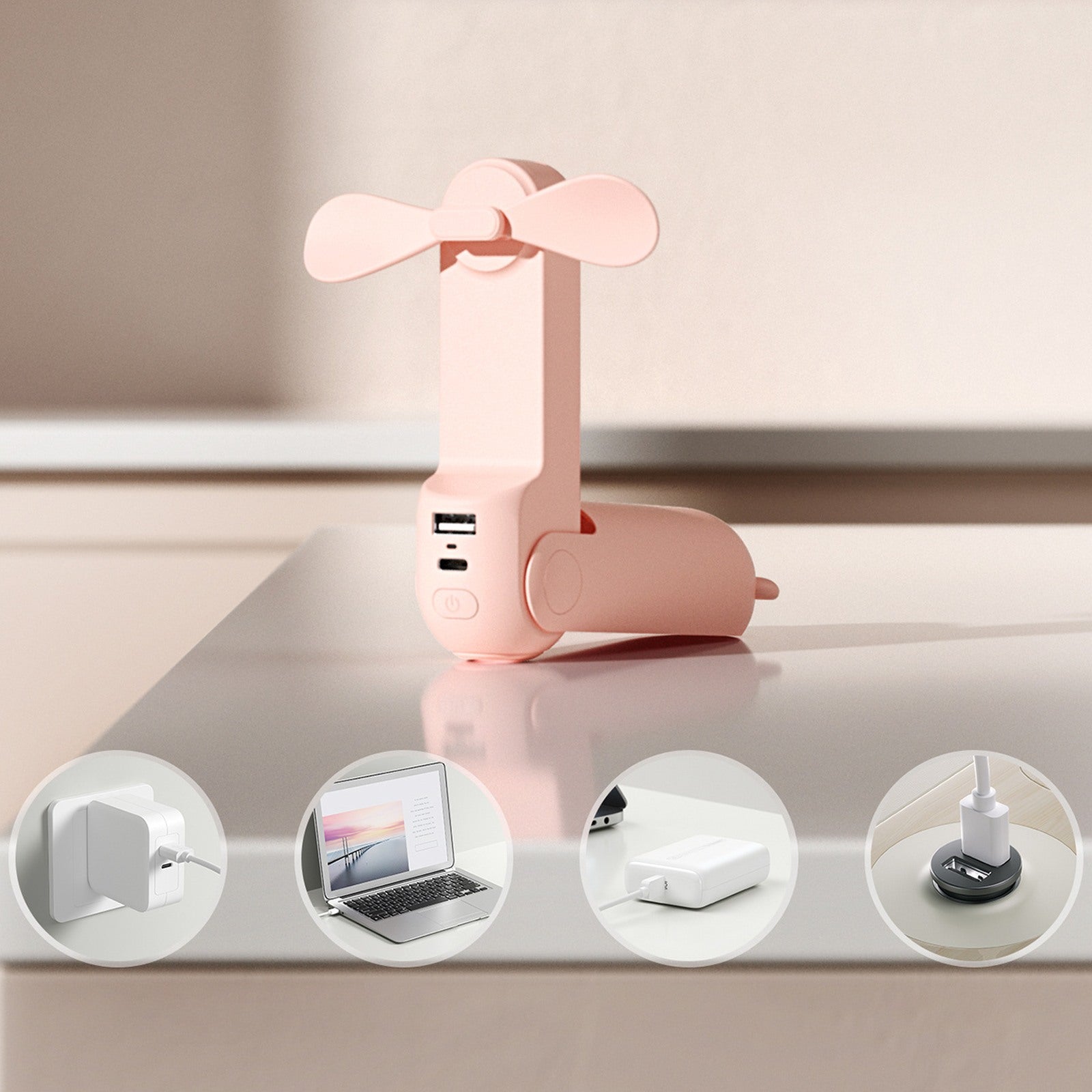 Jisulife Mini portable fan with power bank function and flashlight 2000mAh - pink – image 2