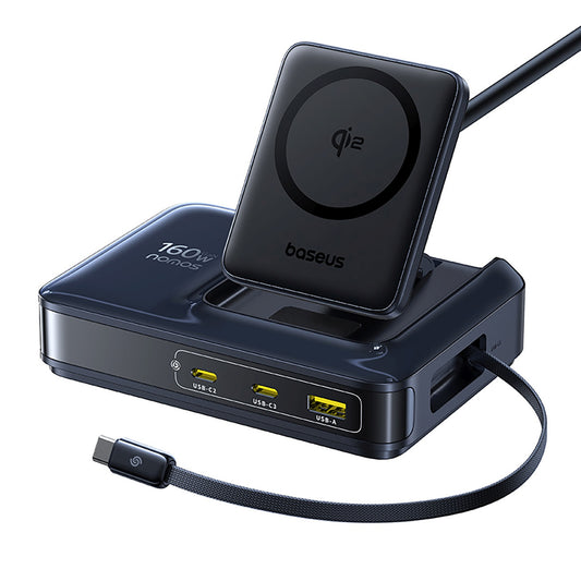 BASEUS 5in1 wireless USB-A USB-C charging station with retractable Qi2 cable 160W - black