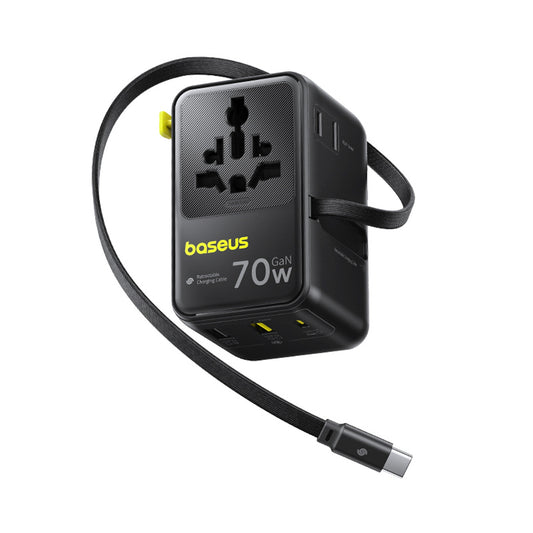 BASEUS 6in1 travel adapter with retractable USB-C cable 70W - black