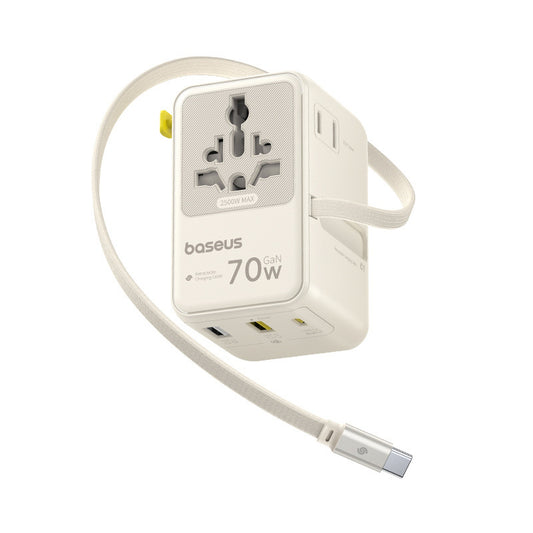 BASEUS 6in1 travel adapter with retractable USB-C cable 70W - white