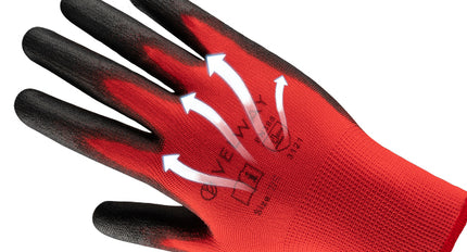Red and black glove with a visible brand logo on a white background