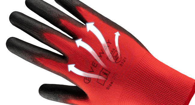Red and black glove with a visible brand logo on a white background