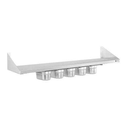Wall shelf hanging on stainless steel consoles with GN1/9 containers