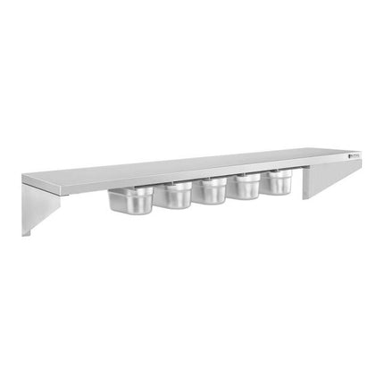 Wall shelf hanging on stainless steel consoles with GN1/9 containers