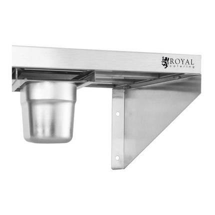 Wall shelf hanging on stainless steel consoles with GN1/9 containers
