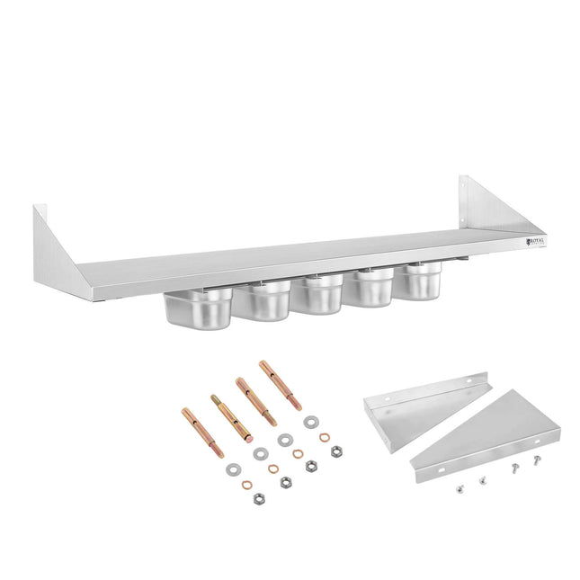 Wall shelf hanging on stainless steel consoles with GN1/9 containers