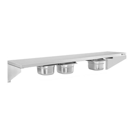Wall shelf hanging on stainless steel consoles with GN1/6 containers