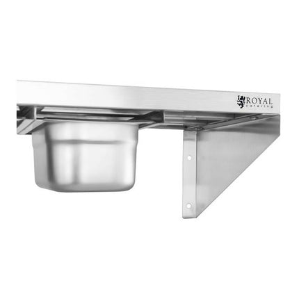 Wall shelf hanging on stainless steel consoles with GN1/6 containers