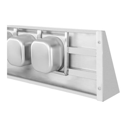 Wall shelf hanging on stainless steel consoles with GN1/6 containers