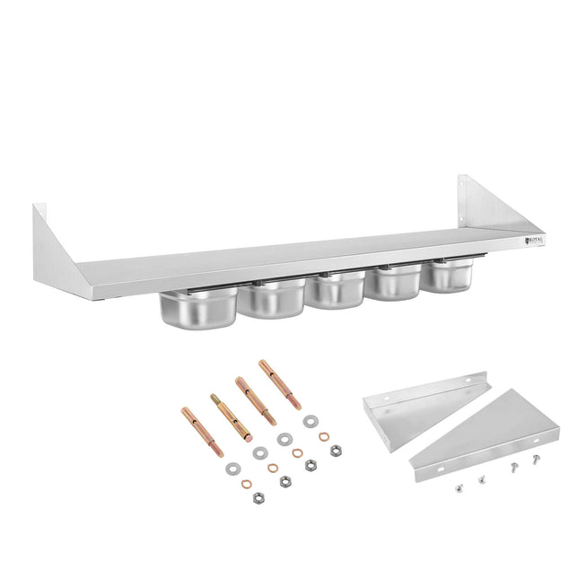 Wall shelf hanging on stainless steel consoles with GN1/6 containers