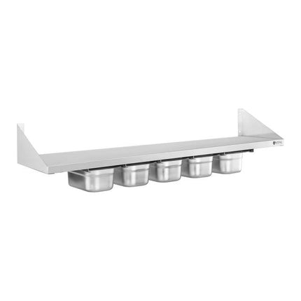 Wall shelf hanging on stainless steel consoles with GN1/4 containers