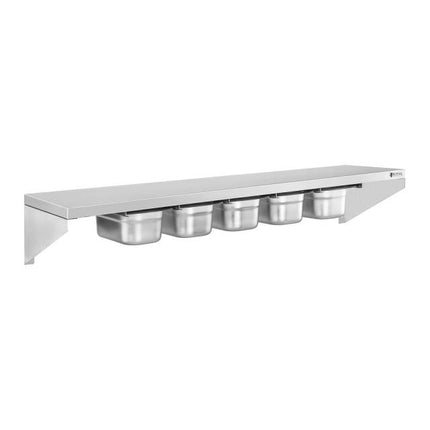 Wall shelf hanging on stainless steel consoles with GN1/4 containers