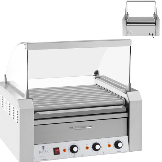 Roller grill with lid and heating drawer for 20 hot dog wieners 2600W 230V Royal Catering