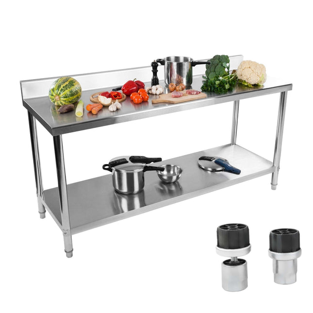 Kitchen table worktop stainless steel with a front and bottom shelf 180x60cm
