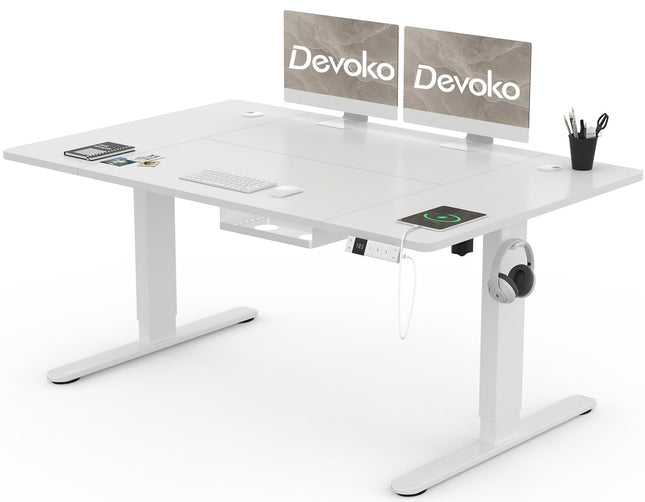 Devoko rakstāmgalds ar regulējamu augstumu 140x80 cm ar C tipa uzlādes pieslēgvietu, elektrisks rakstāmgalds ar regulējamu augstumu, mobilais elektriskais datorgalds ar kabeļa vadības paliktni, balts