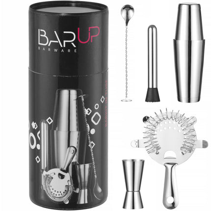 Bar Up Bartender set in a tube, shaker, jigger, strainer, muddler, spoon - silver