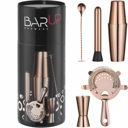 Bar Up Bartender set in a tube, shaker, jigger, strainer, muddler, spoon - copper