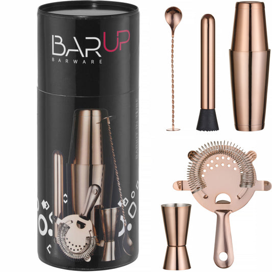Bar Up Bartender set in a tube, shaker, jigger, strainer, muddler, spoon - copper