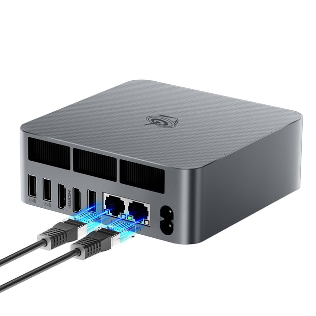 Beelink AMD mini dators, Ryzen 5 6600U (6C/12T led 4.5 GHz), EQR6 mini dators, 24 GB LPDDR5, 500 GB M.2 PCIe4.0 SSD, 4K divi displeji, divi HDMI porti, divi 1000 M LAN porti, WiFi26, LAN porti.