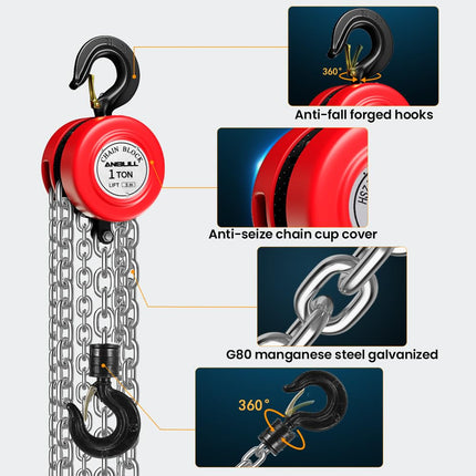 Anbull 1T chain hoist hand winch, fully galvanized chain, oil-free, 1000Kg load capacity, pulley block, rope hoist, ratchet hoist, 3m chain, chain block hoist