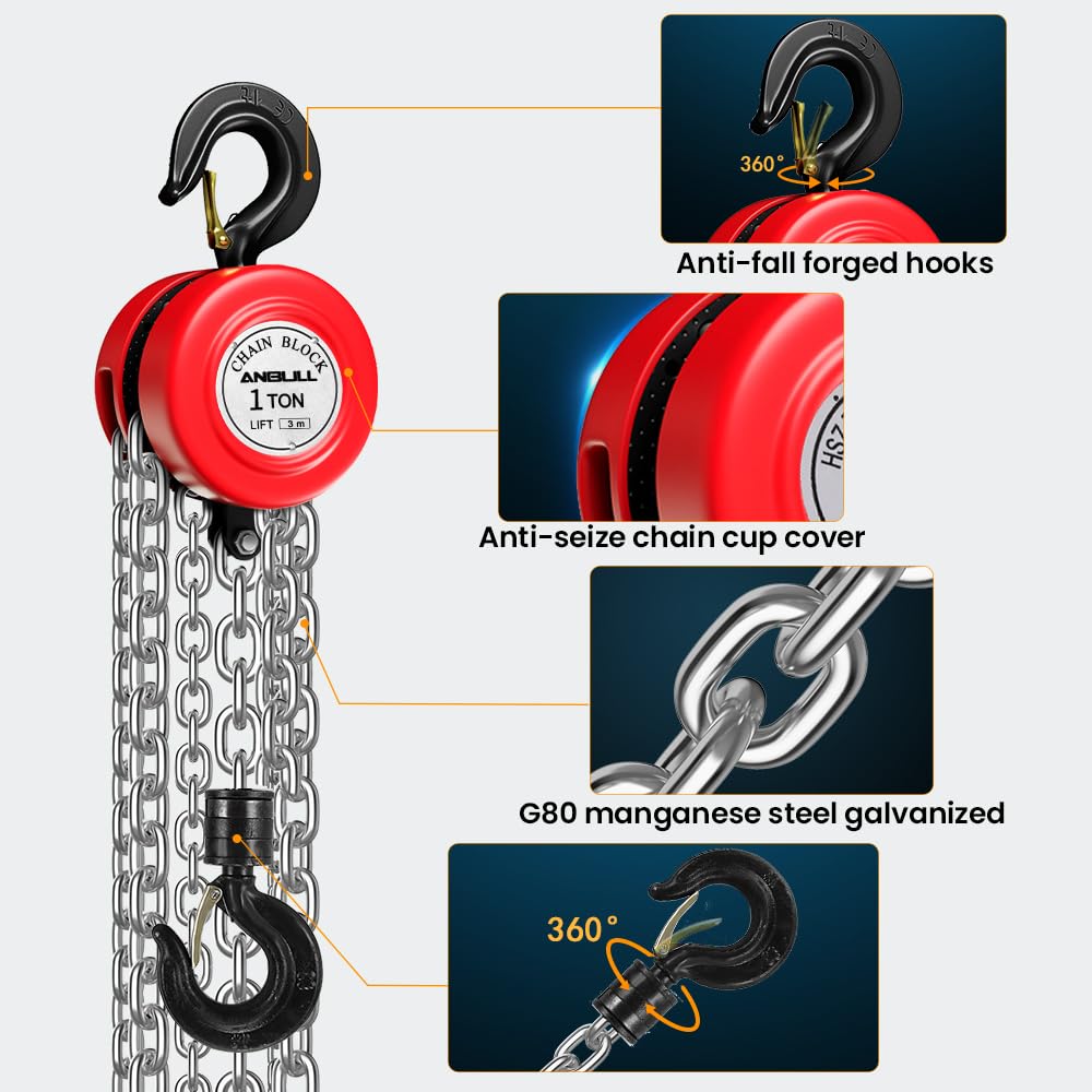 Anbull 1T chain hoist hand winch, fully galvanized chain, oil-free, 1000Kg load capacity, pulley block, rope hoist, ratchet hoist, 3m chain, chain block hoist