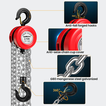 Anbull 1T chain hoist hand winch, fully galvanized chain, oil-free, 1000Kg load capacity, pulley block, rope hoist, ratchet hoist, 3m chain, chain block hoist