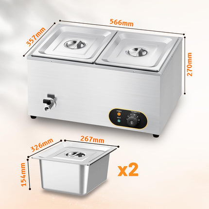 MOOTACO Bain Marie ēdiena sildītājs, ūdens vanna, Gastro GN trauki (GN) 1/2 x 2 sildīšanas turētāji, nerūsējošais tērauds, ar notekas krānu, 1500 W, elektriskais bufetes tipa sildītājs, ūdens vannas temperatūra regulējama no 30 līdz 85 °C.