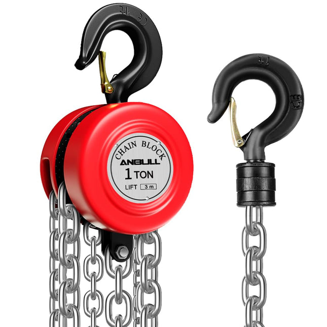 Anbull 1T chain hoist hand winch, fully galvanized chain, oil-free, 1000Kg load capacity, pulley block, rope hoist, ratchet hoist, 3m chain, chain block hoist