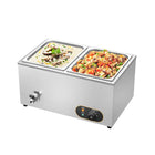 MOOTACO Bain Marie ēdiena sildītājs, ūdens vanna, Gastro GN trauki (GN) 1/2 x 2 sildīšanas turētāji, nerūsējošais tērauds, ar notekas krānu, 1500 W, elektriskais bufetes tipa sildītājs, ūdens vannas temperatūra regulējama no 30 līdz 85 °C.