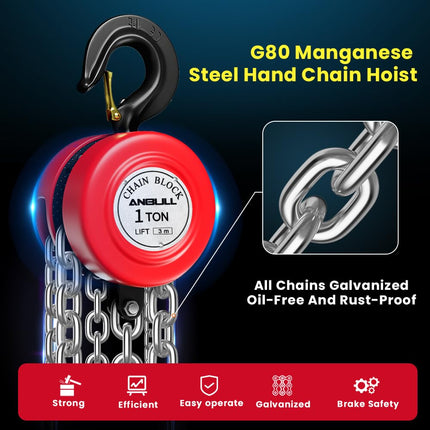 Anbull 1T chain hoist hand winch, fully galvanized chain, oil-free, 1000Kg load capacity, pulley block, rope hoist, ratchet hoist, 3m chain, chain block hoist
