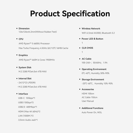 Beelink AMD mini dators, Ryzen 5 6600U (6C/12T led 4.5 GHz), EQR6 mini dators, 24 GB LPDDR5, 500 GB M.2 PCIe4.0 SSD, 4K divi displeji, divi HDMI porti, divi 1000 M LAN porti, WiFi26, LAN porti.
