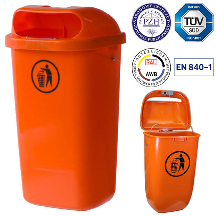 Street basket urban trash container for pole or wall DIN 50L - orange