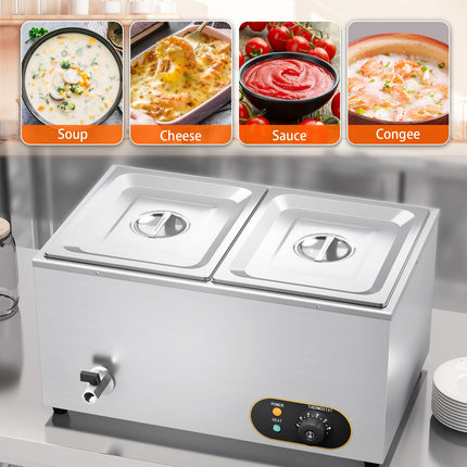 MOOTACO Bain Marie ēdiena sildītājs, ūdens vanna, Gastro GN trauki (GN) 1/2 x 2 sildīšanas turētāji, nerūsējošais tērauds, ar notekas krānu, 1500 W, elektriskais bufetes tipa sildītājs, ūdens vannas temperatūra regulējama no 30 līdz 85 °C.