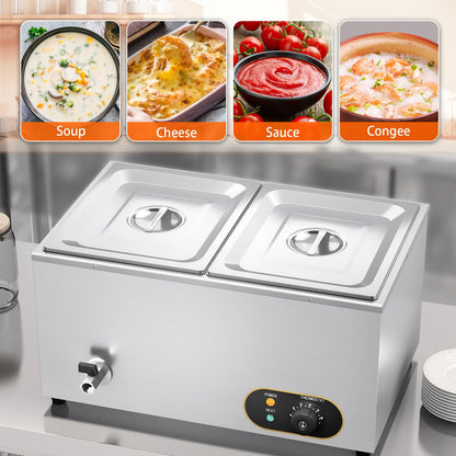 MOOTACO Bain Marie ēdiena sildītājs, ūdens vanna, Gastro GN trauki (GN) 1/2 x 2 sildīšanas turētāji, nerūsējošais tērauds, ar notekas krānu, 1500 W, elektriskais bufetes tipa sildītājs, ūdens vannas temperatūra regulējama no 30 līdz 85 °C.