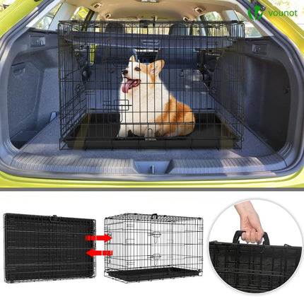 VOUNOT suņu būris salokāms, suņu kastes auto suņu transportēšanas būris ar dubultām durvīm, 2 pārnēsāšanas rokturi un amp; Pamatnes paplāte, L 92x58x64cm, melna