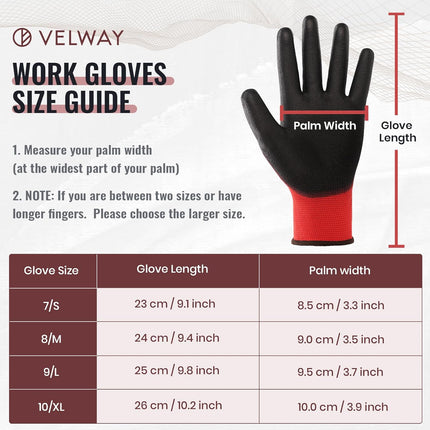 Velway work gloves size guide with glove measurement details and a sample glove.