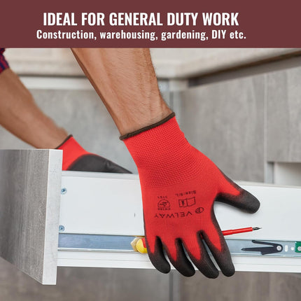 Red and black work gloves being used on a construction site with text about general duty work.