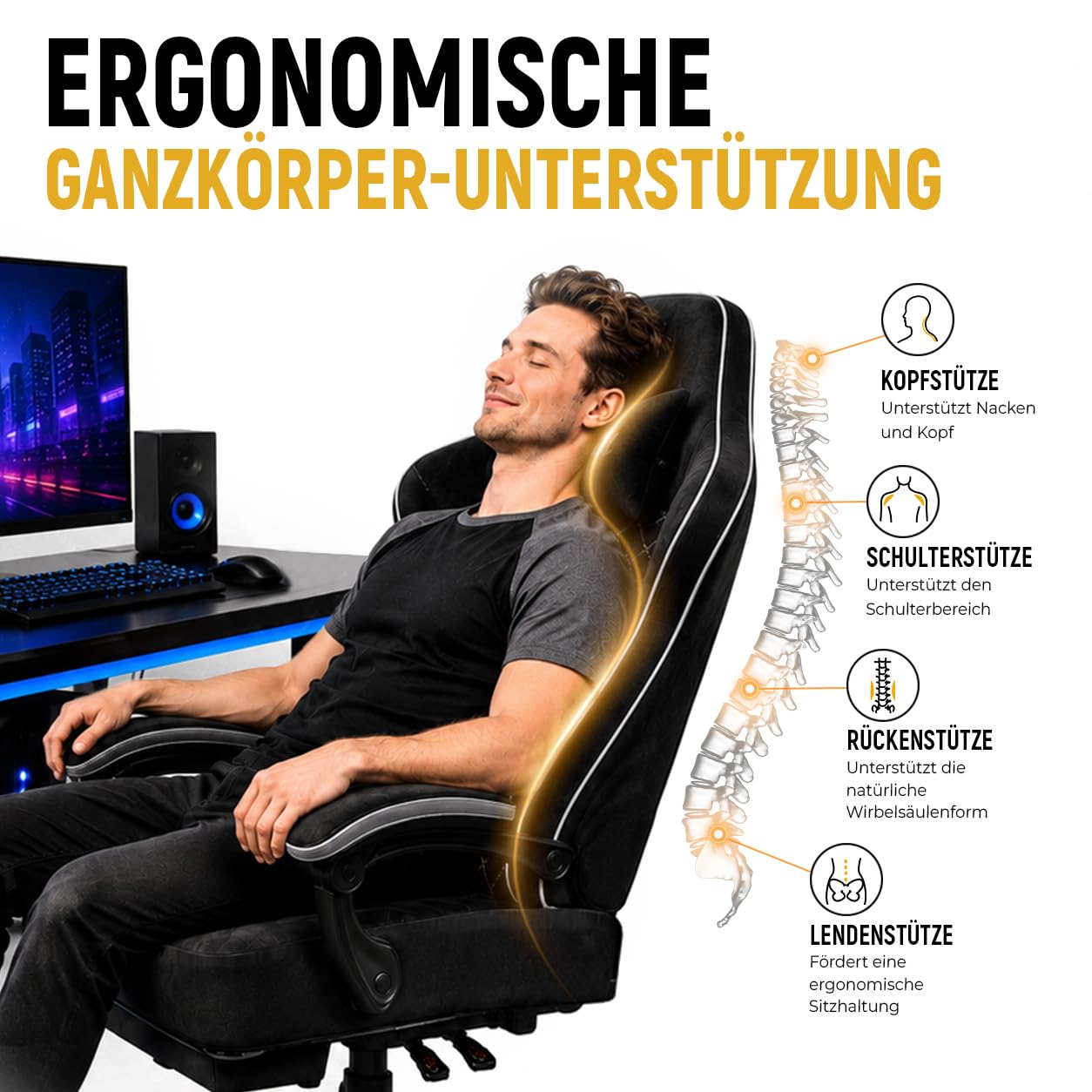 Shadcoler ergonomiskais spēļu krēsls ar kāju balstu, tehnoloģiskais audums, kabatu atsperu spilvens, atgāžama atzveltne, melns
