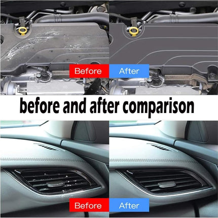Before and after comparison of a car's engine compartment and interior.