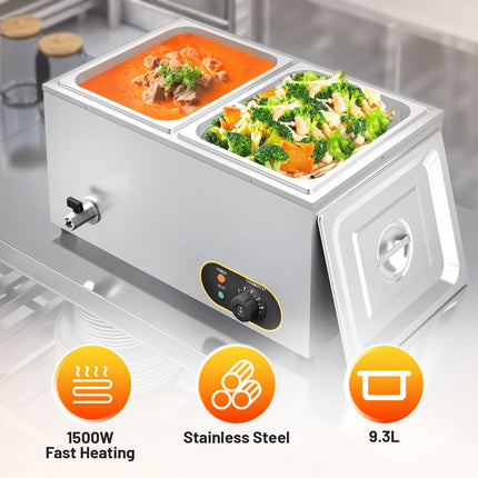 MOOTACO Bain Marie ēdiena sildītājs, ūdens vanna, Gastro GN trauki (GN) 1/2 x 2 sildīšanas turētāji, nerūsējošais tērauds, ar notekas krānu, 1500 W, elektriskais bufetes tipa sildītājs, ūdens vannas temperatūra regulējama no 30 līdz 85 °C.